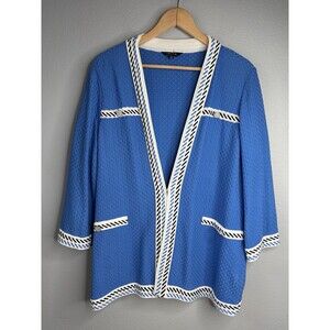 Misook Blue Stretch Knit Cardigan Jacket Contrast Trim Open Front Sz 0X FLAW